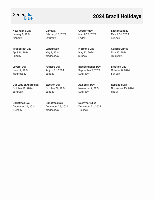 Free printable list of Brazil holidays for year 2024