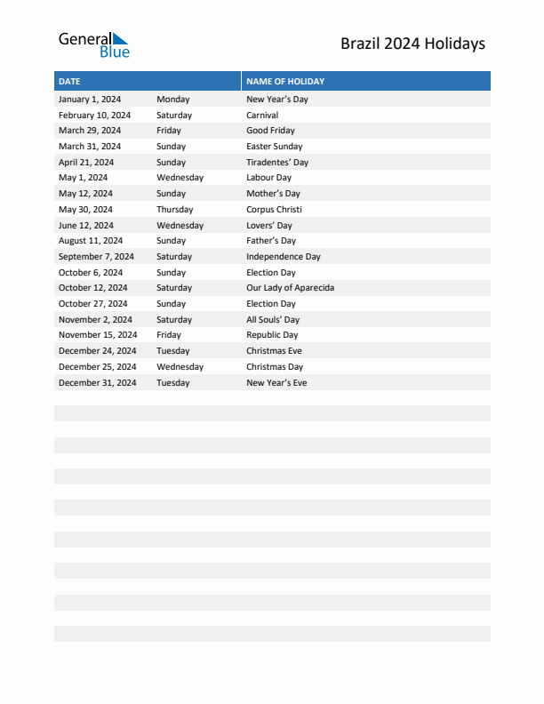 Free printable list of Brazil holidays for year 2024