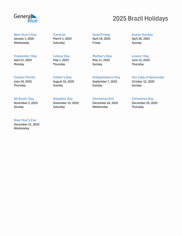 Free printable list of Brazil holidays for year 2025