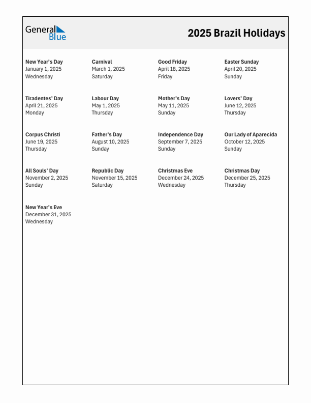 Free printable list of Brazil holidays for year 2025