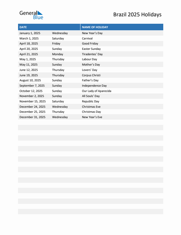 Free printable list of Brazil holidays for year 2025