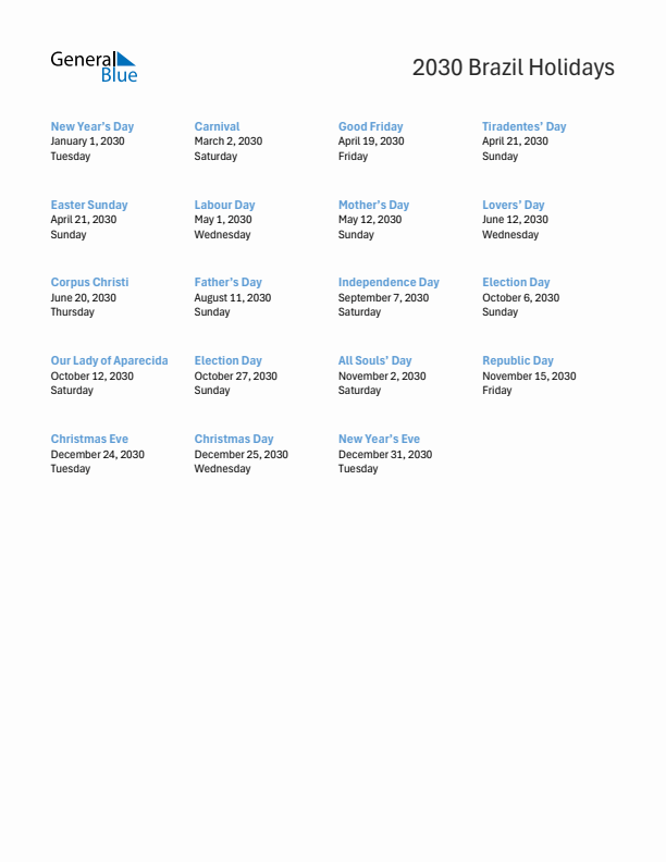 Free printable list of Brazil holidays for year 2030