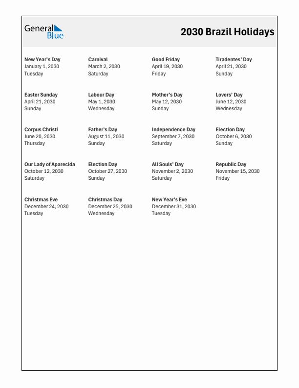 Free printable list of Brazil holidays for year 2030