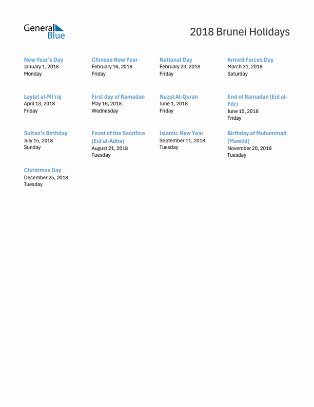 Free printable list of Brunei holidays for year 2018