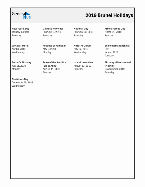 Free printable list of Brunei holidays for year 2019