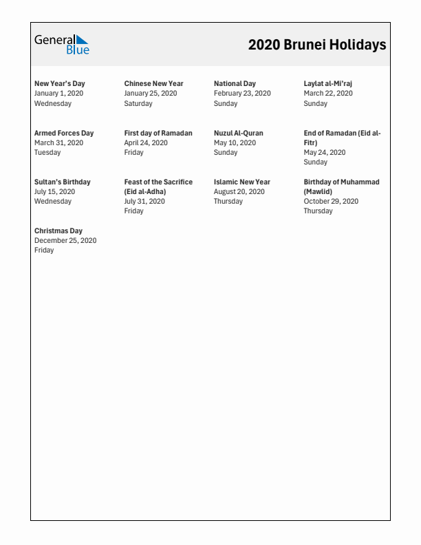 Free printable list of Brunei holidays for year 2020