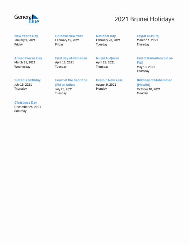 Free printable list of Brunei holidays for year 2021