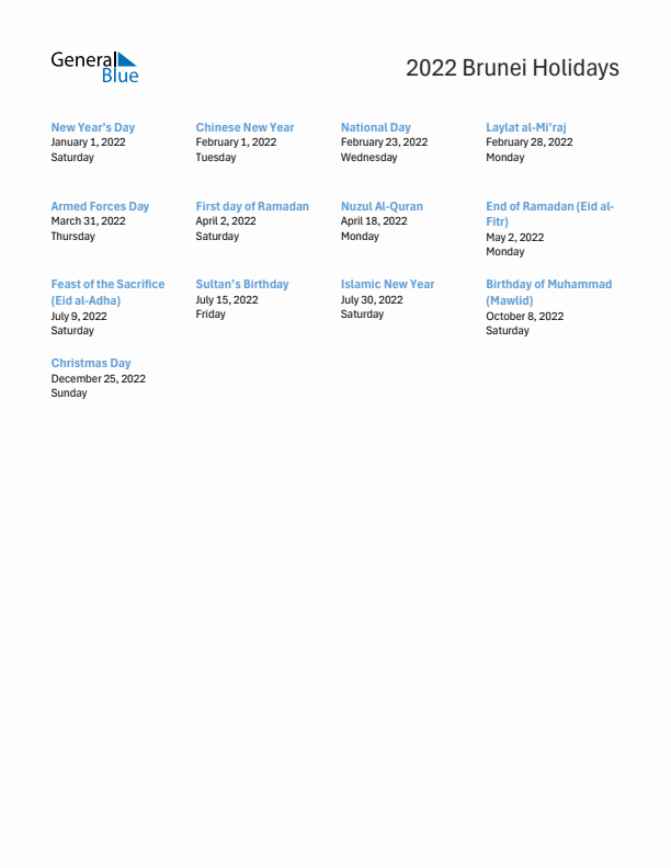 Free printable list of Brunei holidays for year 2022