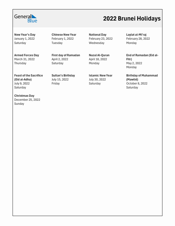 Free printable list of Brunei holidays for year 2022