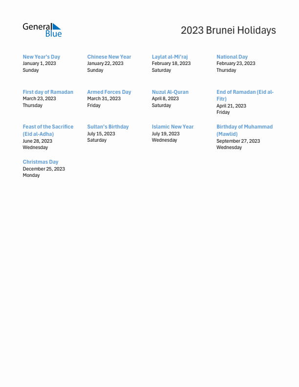 Free printable list of Brunei holidays for year 2023