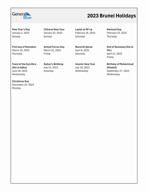 Free printable list of Brunei holidays for year 2023