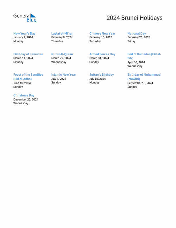 Free printable list of Brunei holidays for year 2024