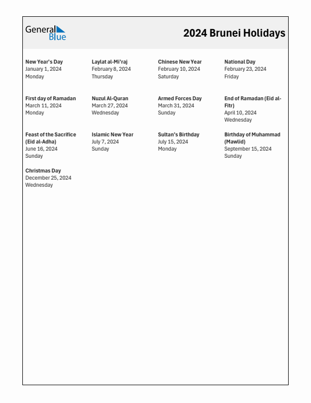 Free printable list of Brunei holidays for year 2024