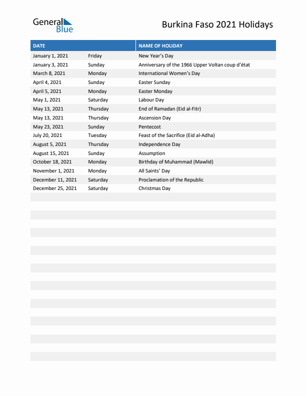 Free printable list of Burkina Faso holidays for year 2021