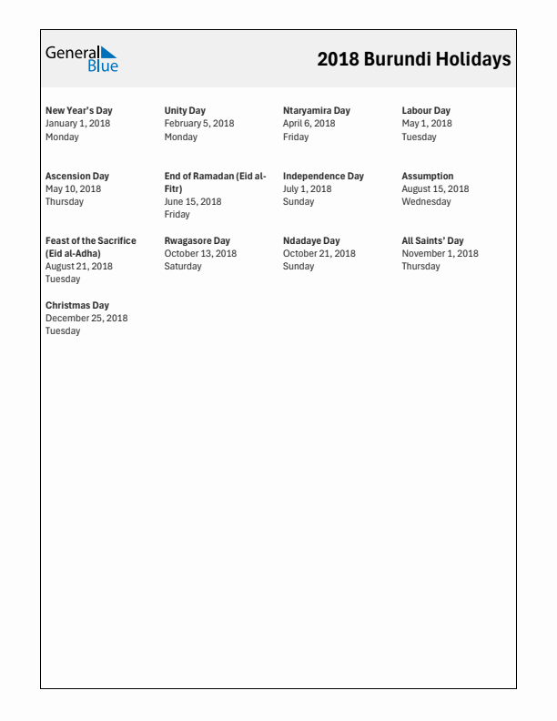 Free printable list of Burundi holidays for year 2018