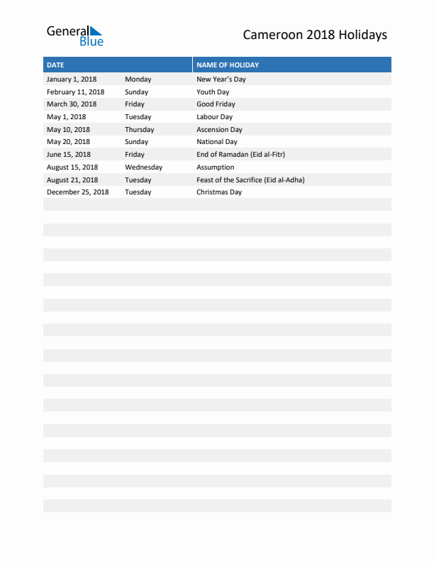 Free printable list of Cameroon holidays for year 2018