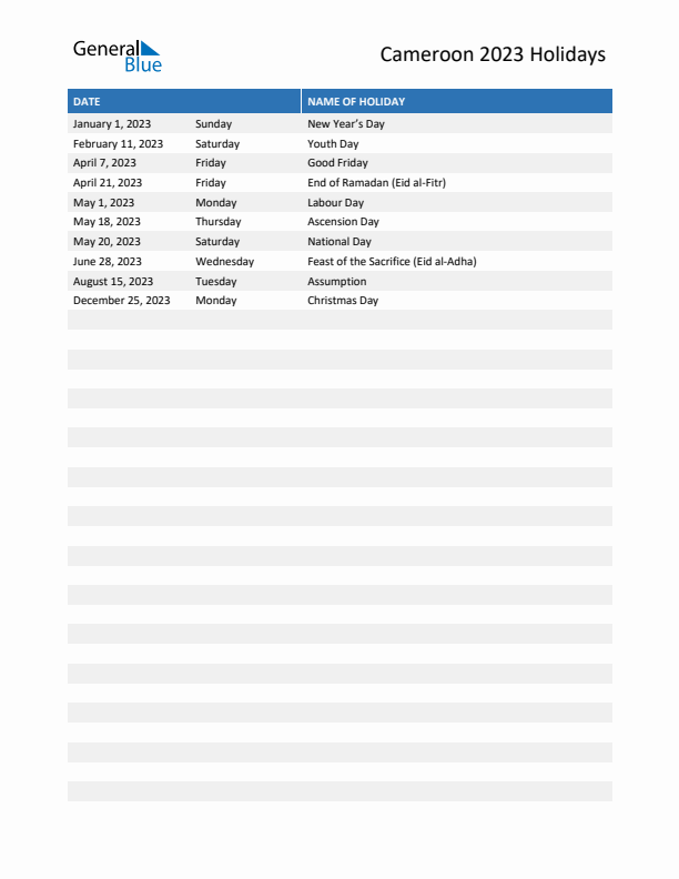 Free printable list of Cameroon holidays for year 2023