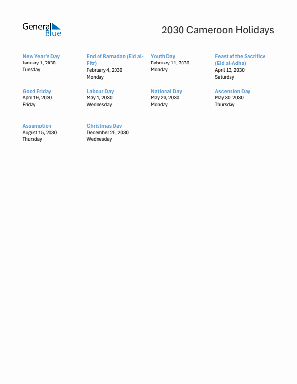 Free printable list of Cameroon holidays for year 2030