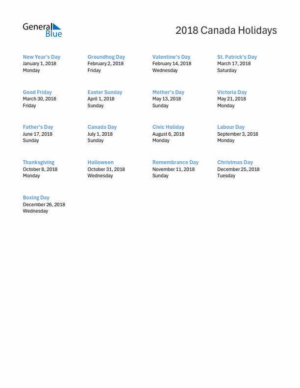 Free printable list of Canada holidays for year 2018