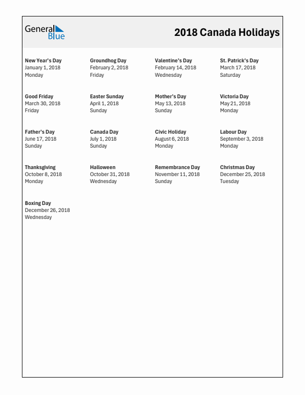 Free printable list of Canada holidays for year 2018