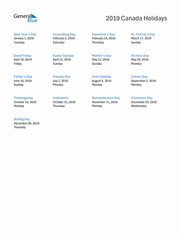 Free printable list of Canada holidays for year 2019