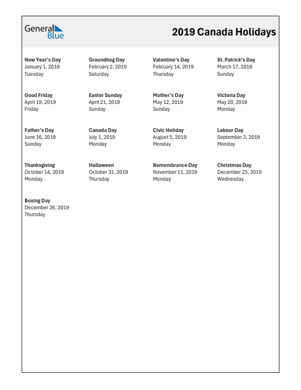 Free printable list of Canada holidays for year 2019