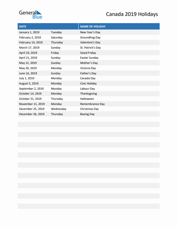 Free printable list of Canada holidays for year 2019