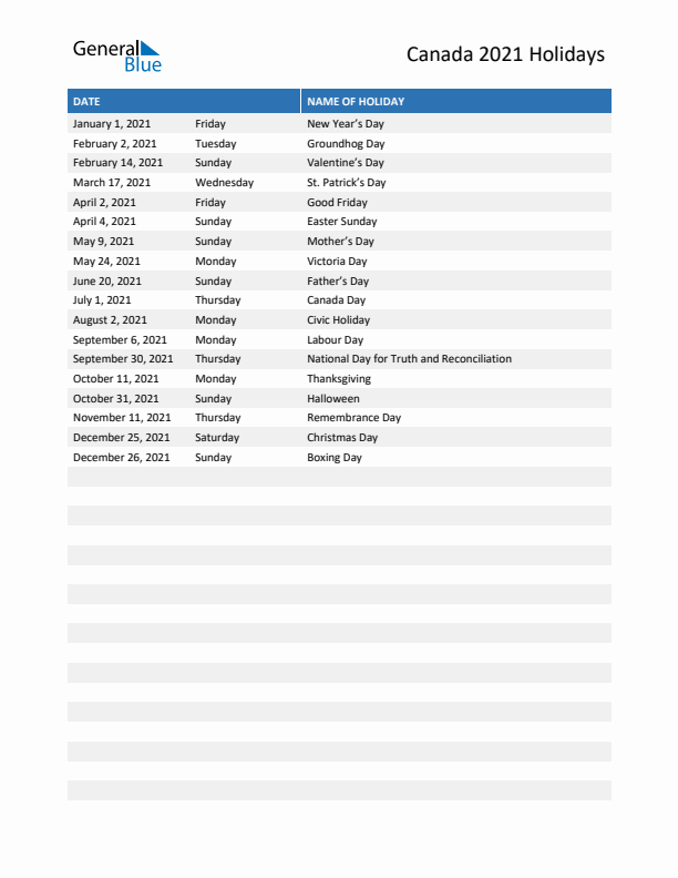 Free printable list of Canada holidays for year 2021