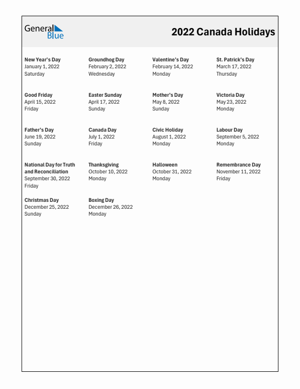 Free printable list of Canada holidays for year 2022