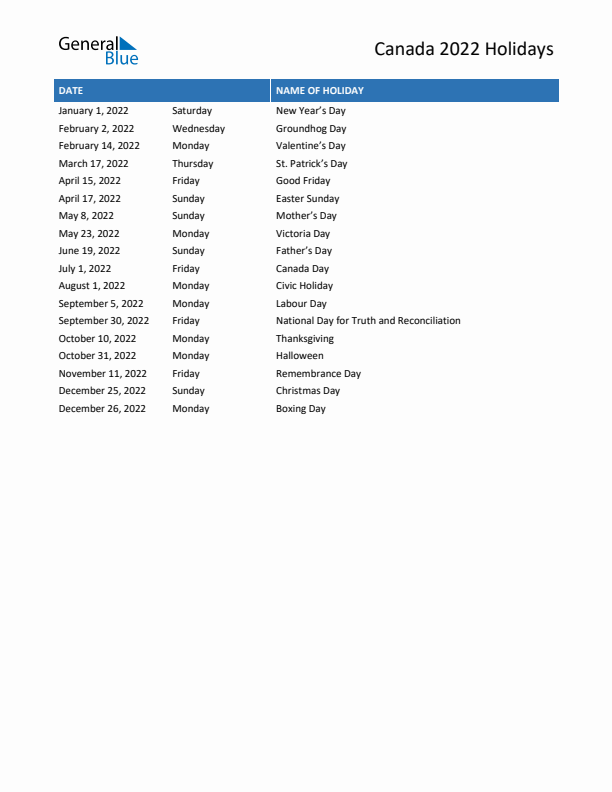 Free printable list of Canada holidays for year 2022