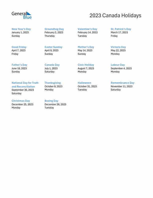 Free printable list of Canada holidays for year 2023