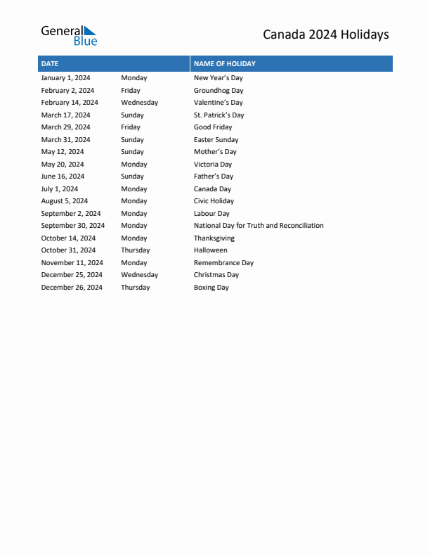 Free printable list of Canada holidays for year 2024