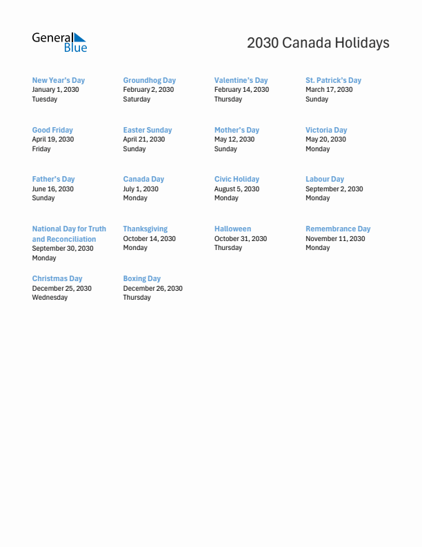 Free printable list of Canada holidays for year 2030