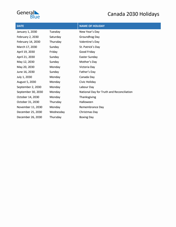 Free printable list of Canada holidays for year 2030