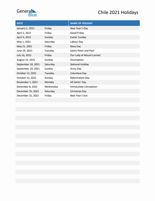 Free printable list of Chile holidays for year 2021