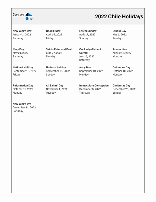 Free printable list of Chile holidays for year 2022