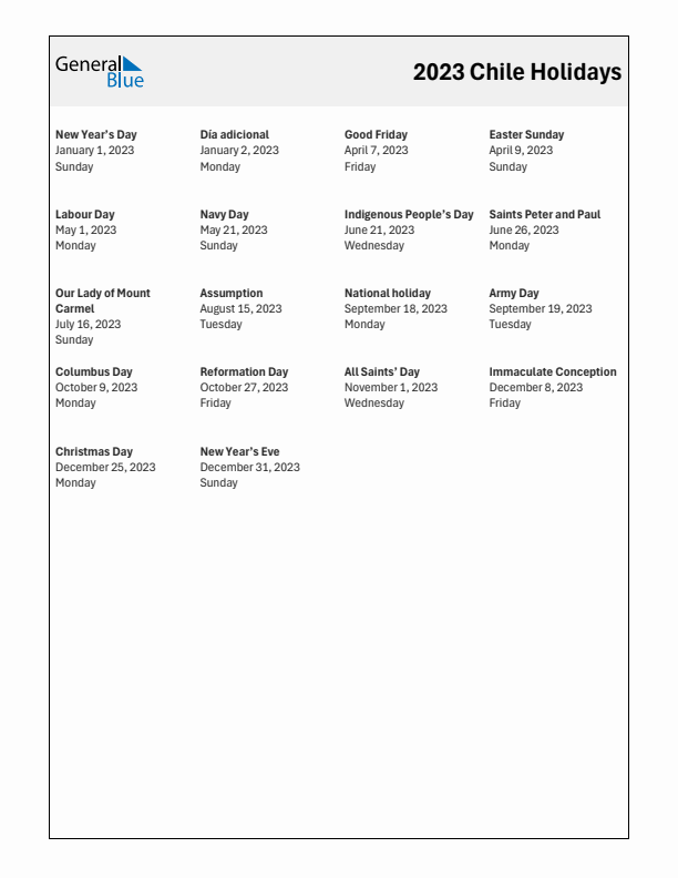 Free printable list of Chile holidays for year 2023