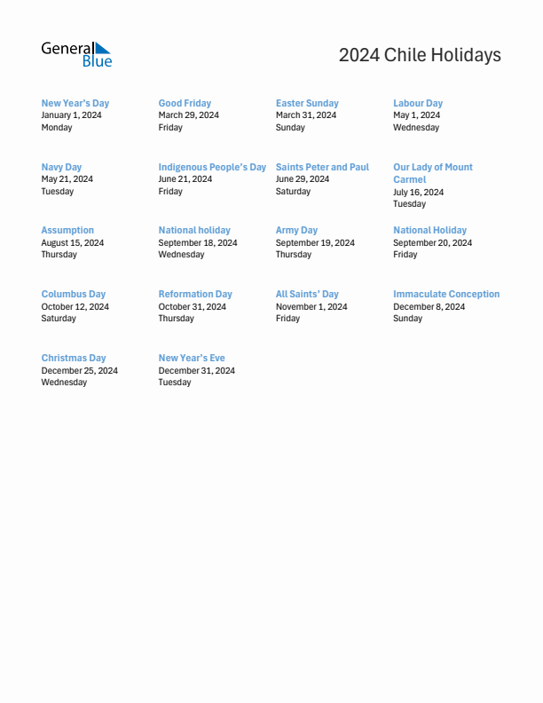 Free printable list of Chile holidays for year 2024