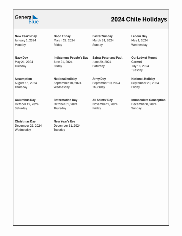 Free printable list of Chile holidays for year 2024