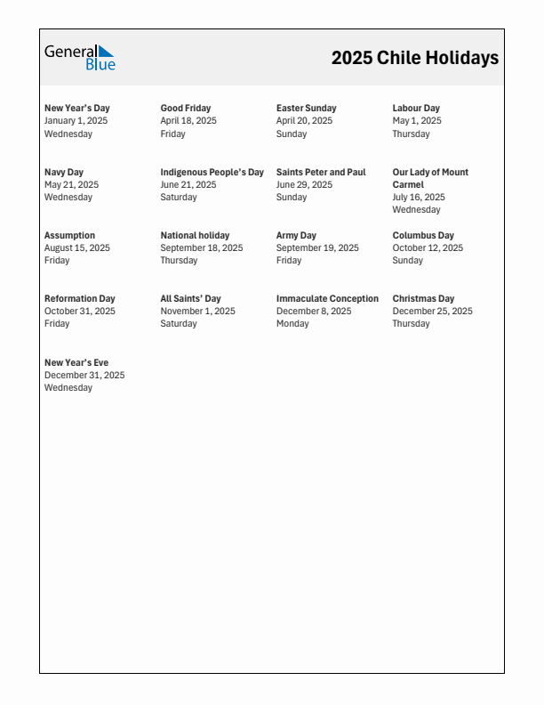 Free printable list of Chile holidays for year 2025