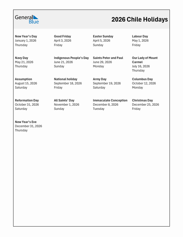 Free printable list of Chile holidays for year 2026