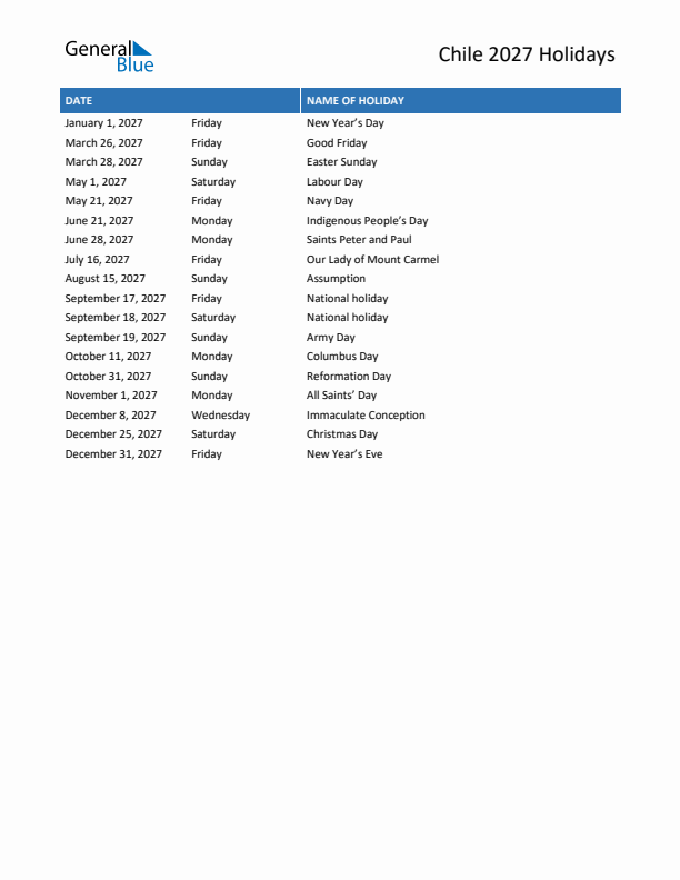 Free printable list of Chile holidays for year 2027