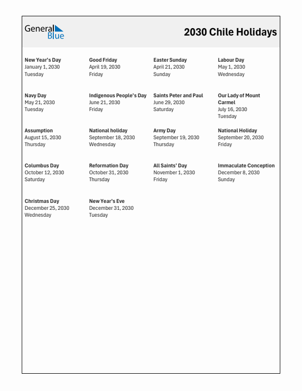 Free printable list of Chile holidays for year 2030