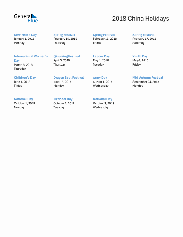 Free printable list of China holidays for year 2018