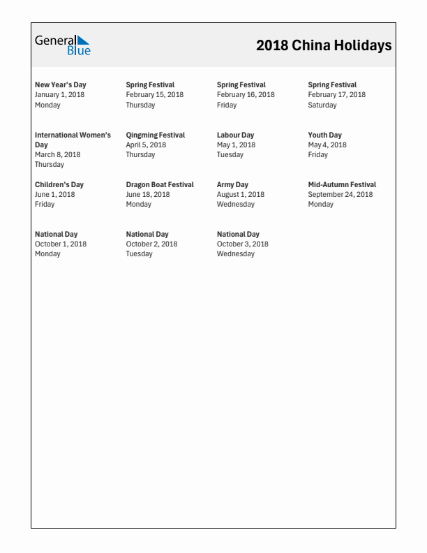 Free printable list of China holidays for year 2018