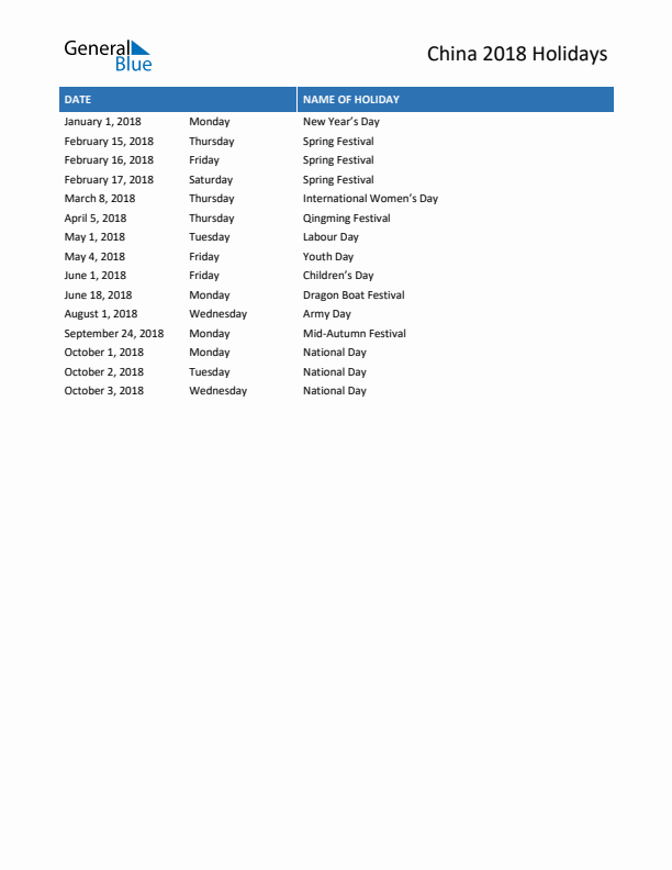 Free printable list of China holidays for year 2018