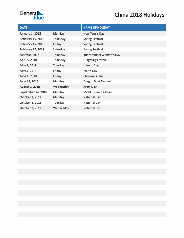 Free printable list of China holidays for year 2018