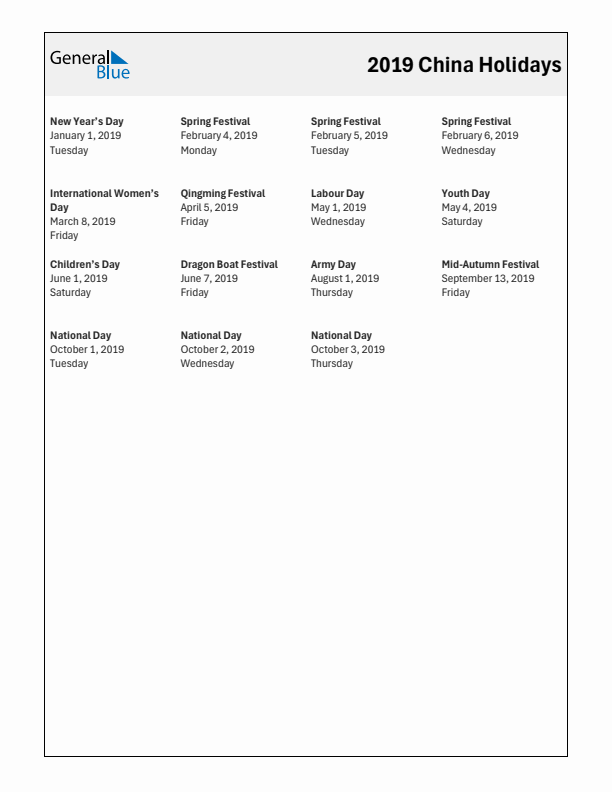 Free printable list of China holidays for year 2019