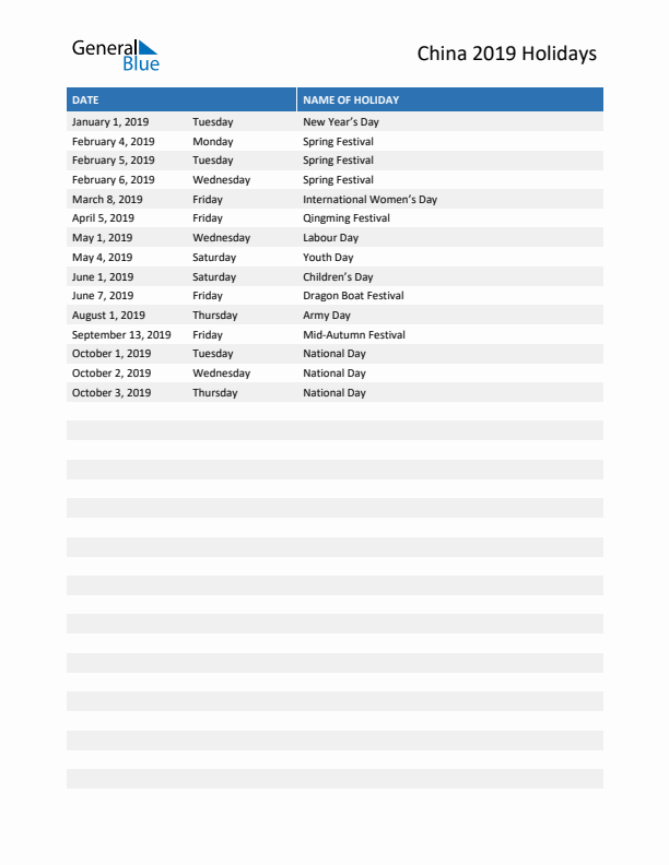 Free printable list of China holidays for year 2019