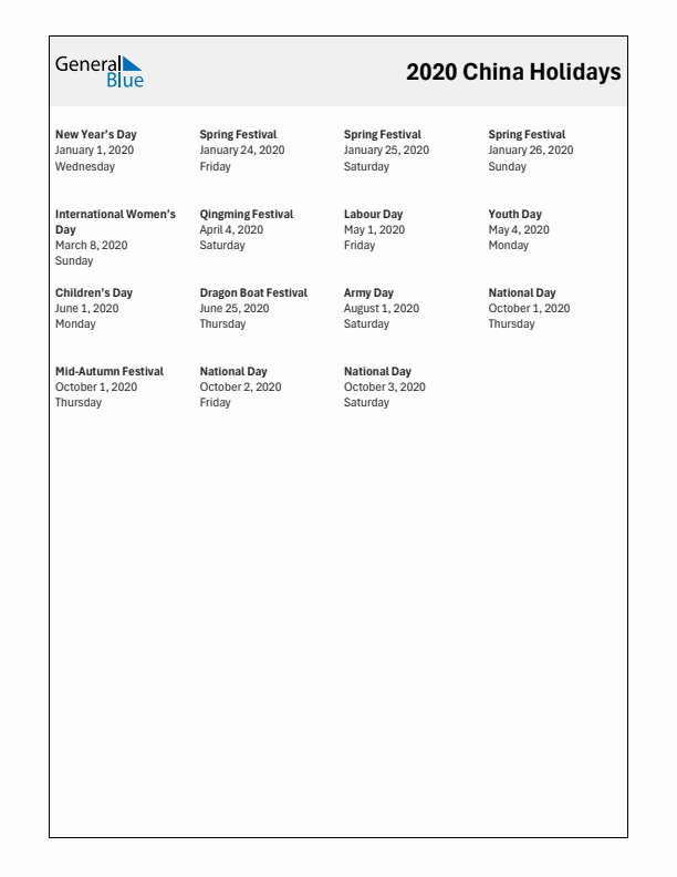 Free printable list of China holidays for year 2020